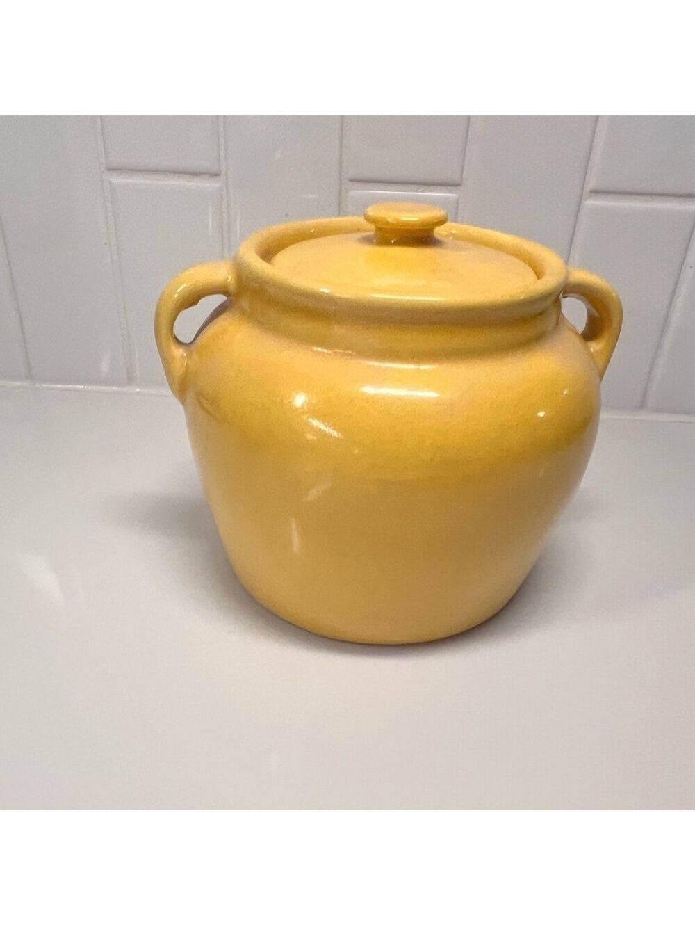 Vintage Bean Pot Crock Yellow with Lid & Side Handles 4” 1930s